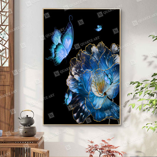 Blue Flower Butterfly Wall Art Crystal Diamond