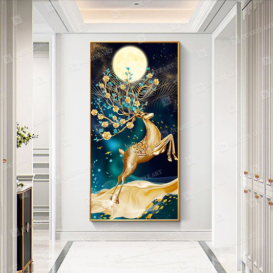 Golden Deer Full Moon Wall Art Crystal Diamond