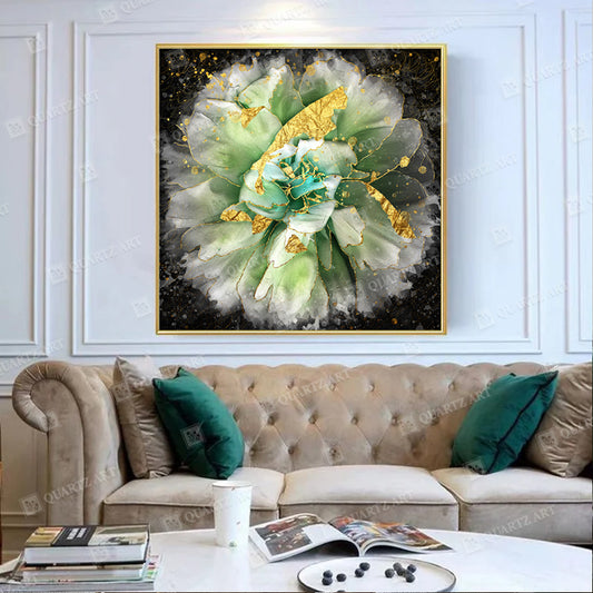 Green & Gold Flower Wall Art Crystal Diamond