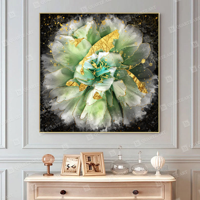 Green & Gold Flower Wall Art Crystal Diamond